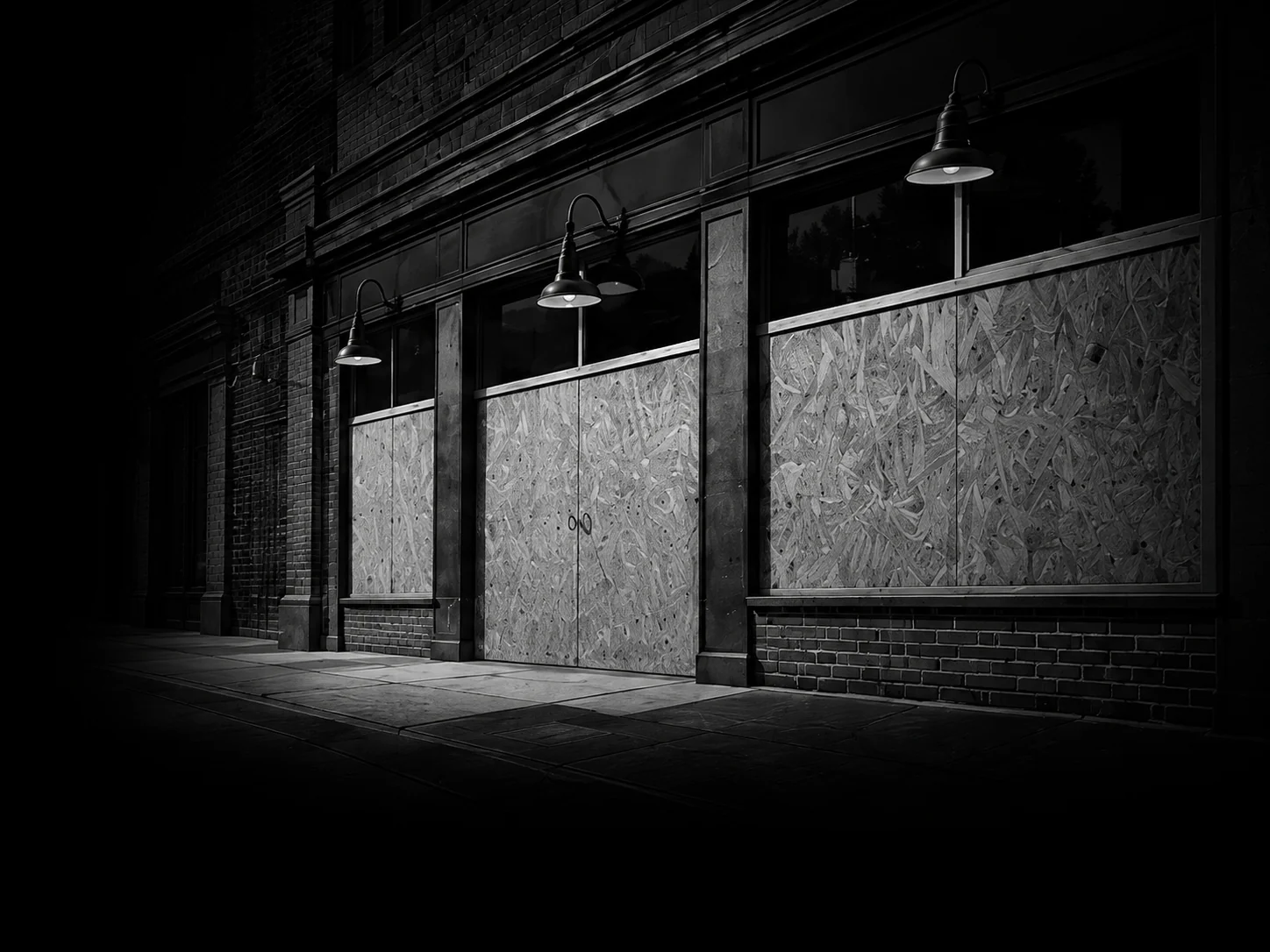 Illustration of a storefront with boarded-up windows and doors